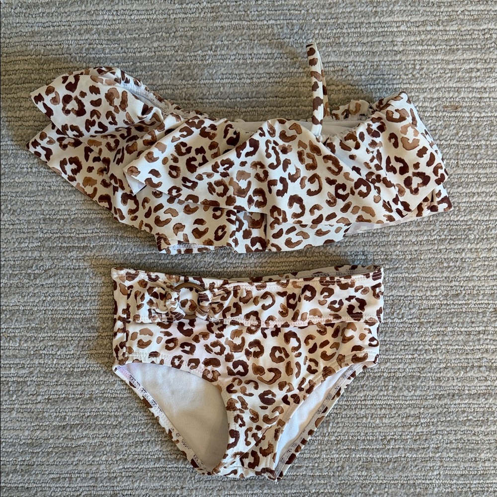 Janie and Jack Leopard Print Ruffle Two-Piece Swim Set - Cream & Brown